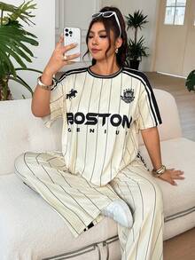 SHEIN EZwear 杏色休閒女款大尺碼字母條紋短袖T恤與長褲套裝 - 杏色 - 查看 10