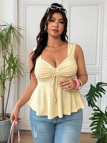 SHEIN EZwear Plus Size Women's Solid Color Butter Yellow Ruched Bust Bow Tie Decor Wide Shoulder Strap V-Neck Cami Top Vacation Summer Cute - Apricot - View 9