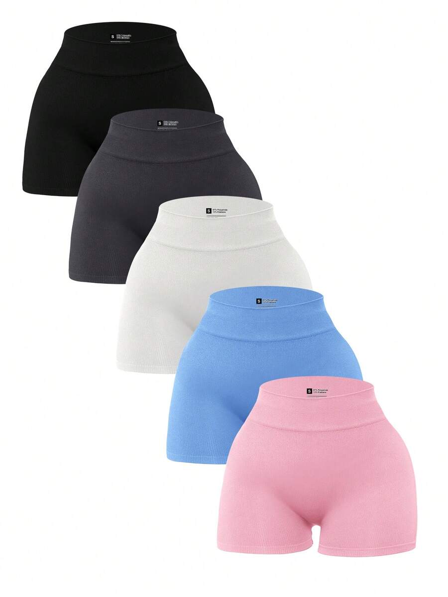 SHEIN Velisys 素色高腰無縫運動短褲 - 彩色 - 查看 1