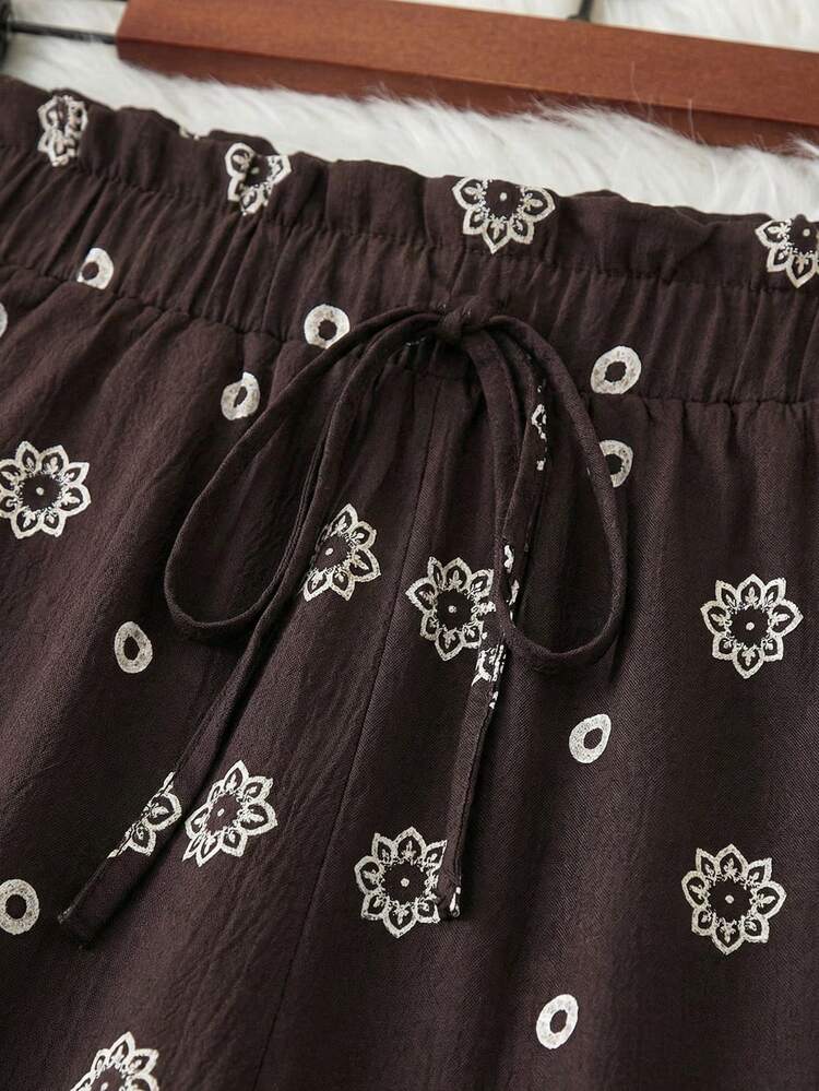 EMERY ROSE Plus Size Women Floral Print Ruffle Waist Tie Wide Leg Loose Pants - Multicolor - View 4