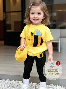 Baby Girl Fresh Cute Cartoon Bee Embroidery Pattern Basic Short T-Shirt & Leggings Set, Comfortable Daily Wear, Little Bee Insect Kawaii Yellow T-Shirt Black & Yellow Classic Color Combination - Multicolor - View 3