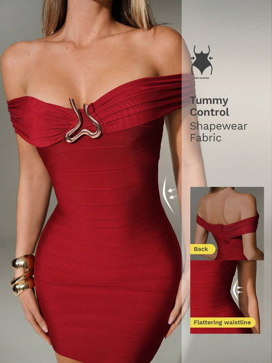 Nuvra Sexy & Elegant Off Shoulder Red Metal Decor Bodycon Mini Dress - Burgundy - View 1