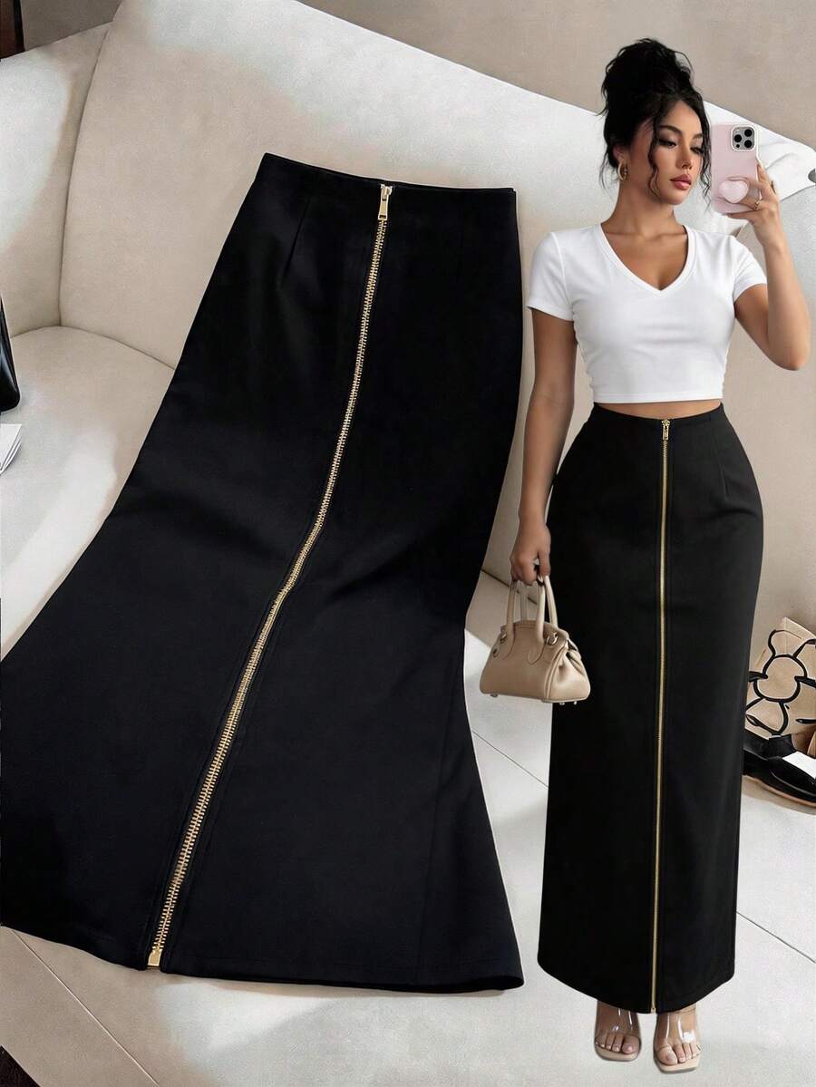 SHEIN Clasi Nueva falda de mujer de otoño, ajustada, con cremallera metálica, versátil, con abertura trasera, minimalista, elegante y de clase, para fiesta, noche y oficina, en negro y dorado - Negro - Ver 1