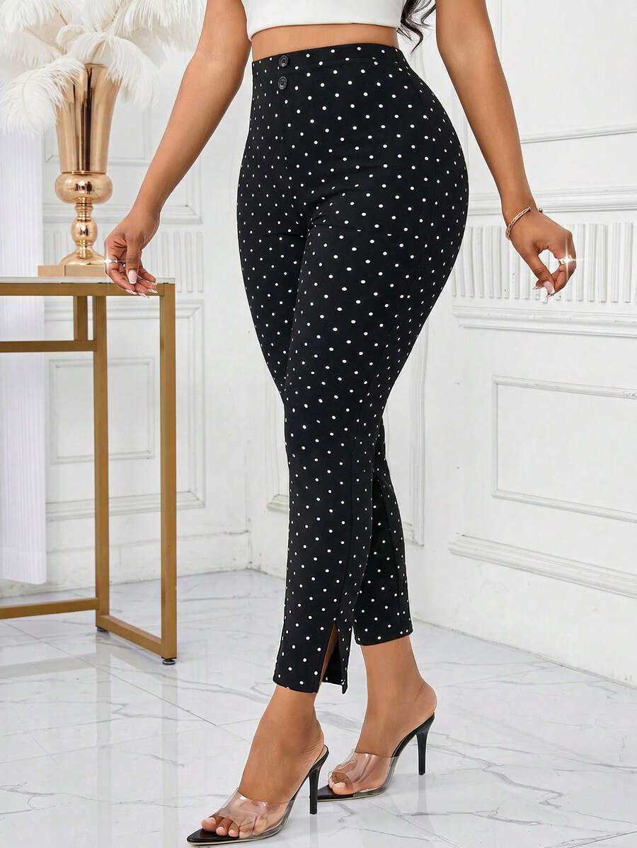 SHEIN Lady 女款時尚通勤波點印花緊身褲 - 黑色 - 查看 1