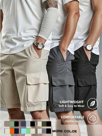 Manfinity Dauomo 3 Pcs Men's Summer Casual Solid Color Cargo Shorts Set