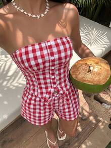 Sunnyshic 女款春夏紅白格紋可追溯棉質平口上衣，前襟鈕扣、露背、抽褶不對稱下擺，2件套，復古風 - 紅白色 - 查看 3