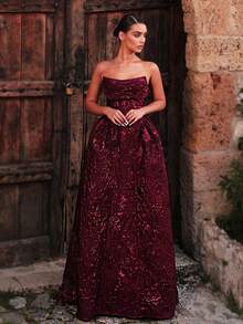 Glamrae Elegant Romantic Fashion Burgundy 3D Jacquard Fabric Strapless Cowl Neck Long Maxi A-Line Skirt Dress With Detachable Back Bow Decoration, Suitable For Graduation, School Opening, Music Festival, Birthday Party, Wedding, Afternoon Tea Party, Prom, Bachelorette Party, All Formal Occasions, Women's Evening Gown - Burgundy - View 2
