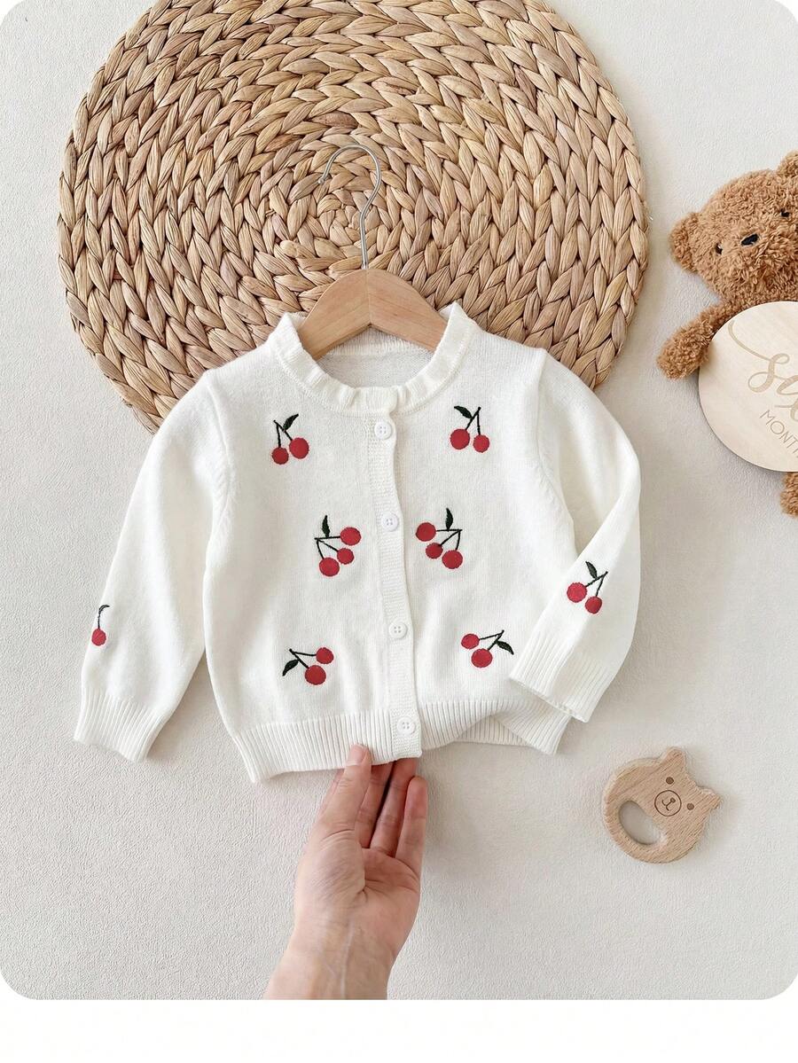 SHEIN 女嬰櫻桃印花單排扣休閒百搭日常外出開襟衫 - 白色 - 查看 1