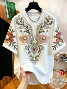 EMERY ROSE Women's Faux Embroidery Floral T-Shirt, Crew Neck Short Sleeve Top With Pearl & Rhinestone Decor, Casual Versatile All-Season Tee - Multicolor - View 3