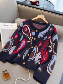 EMERY ROSE Plus-Size Fair Isle Knit Cardigan With Floral & Gemstone Pattern, Button-Front, Round Neck. Casual, - Blue - View 4