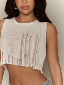 Denimoi Women's Spring/Summer Solid Color Sexy Cropped Sleeveless Crochet Knit Sweater Top - White - View 8