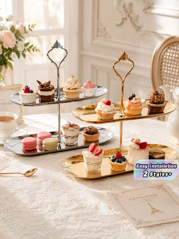 1 Giá trưng bày bánh cupcake hai tầng bằng thép không gỉ, đĩa đựng trái cây, đĩa tráng miệng, giá đựng bánh ngọt, khay bánh mì hình bầu dục, kệ bánh, tháp bánh, tháp trưng bày bánh cupcake cho tiệc tùng, giá trưng bày món tráng miệng - Hoàn hảo cho bánh sinh nhật, tiệc tùng, đám cưới và tiệc trà chiều.