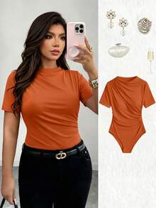 Elenzga Bodysuit Wanita Ukuran Besar Musim Semi/Panas Warna Polos Modis Elegan dari Kain Elastis, Desain Asimetris, Desain Berkerut, Leher Bulat Lengan Pendek, Serbaguna untuk Perjalanan Sehari-hari - Jeruk - View 8