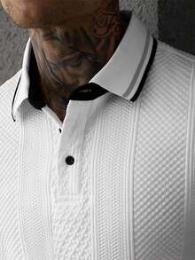 EGENSIO Men's Textured Colorblock Button Collar Fashion Polo Shirt - White - View 3