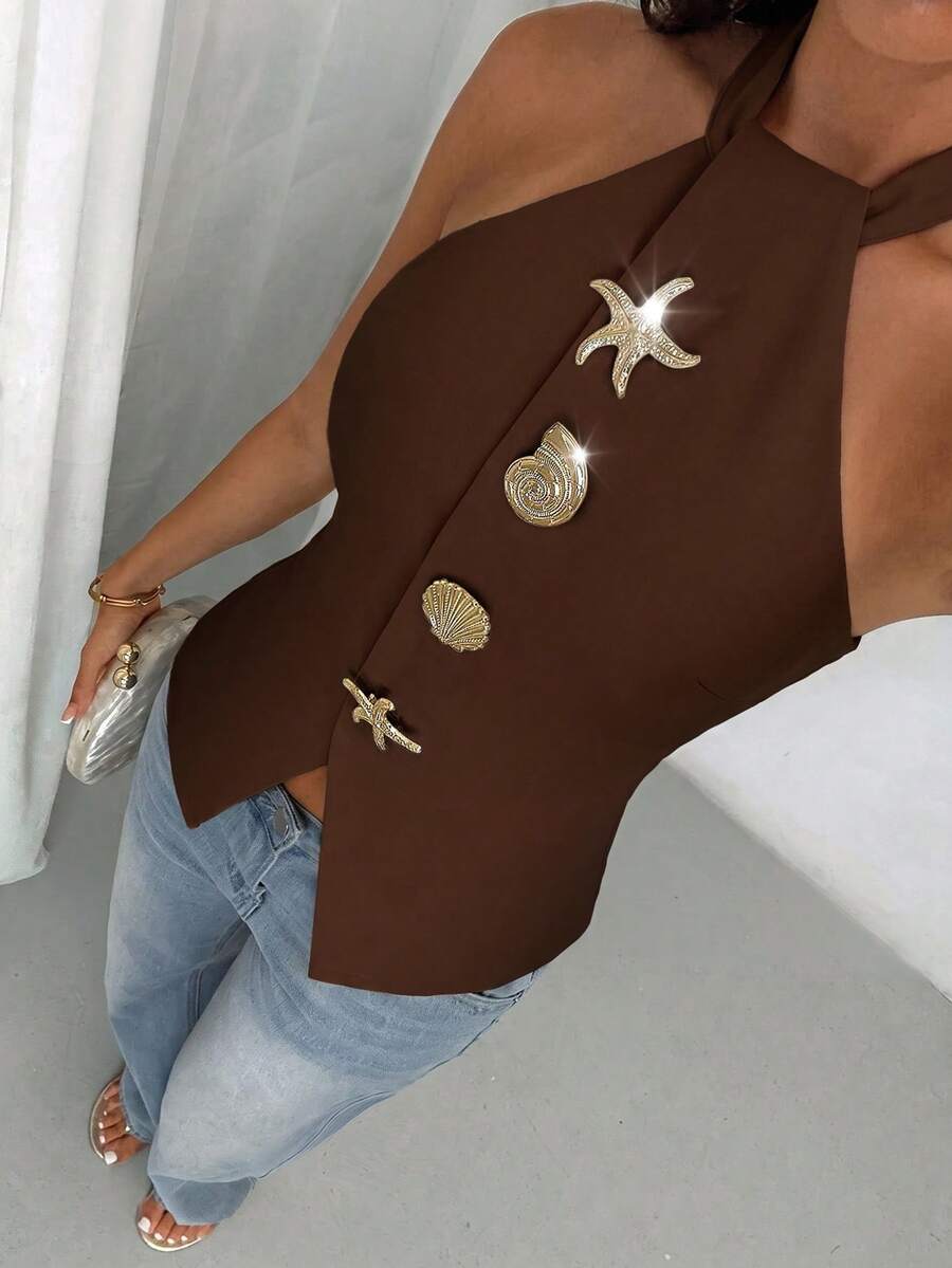 Glamine 休閒優雅女款無袖掛脖深棕色編織不彈性金屬扣襯衫,夏季女裝,適合返校季、派對與夜晚場合 - 咖啡棕 - 查看 1