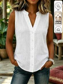Louniche Blusa sin mangas de unicolor para mujer, diseño de botones con ajuste holgado, top de primavera/verano - Blanco - Ver 3