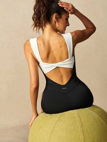 VARSIVA Colorblock Patchwork Backless Sleeveless Fitted Athletic Modest Athleisure Romper Gym Workout Black And White Summer - Black and White - View 4