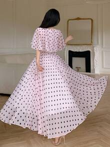 Modelyn 女款V領大翻領收腰A字波點印花洋裝 - 粉色 - 查看 3