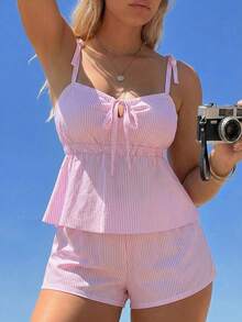 Swim Mod Plus Size Women 2 Pieces Striped Swimwear Beach Vacation Summer - Pink - View 3