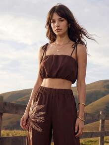 CAJUNI Set Atasan Camisole Pendek Warna Polos dan Celana Jogger Motif Pohon Palem untuk Liburan Pantai, Nuansa Cokelat Tua, Gaya Boho Tropis Musim Panas - Coklat - View 3