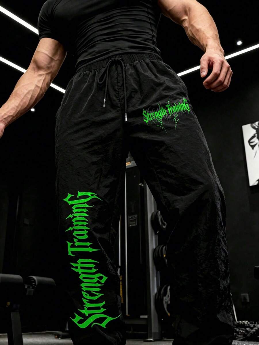 Gym Rark 男士抽繩腰字母印花休閒百搭日常旅行運動長褲 - 黑色 - 查看 1