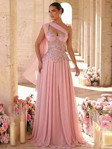 Glamrae Elegant Romantic Luxurious Graceful Grass Green Multicolor Iridescent Lace Sequin Fabric Chiffon Patchwork, Pleated Oversized Skirt, Suitable For Vacation, Wedding Events, Bachelorette Party, Ball Gown, Formal Evening Dress (Heavy Workmanship Style) - Dusty Pink - View 8