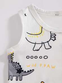 SHEIN Playful Pals Conjunto de 2 piezas para bebé recién nacido niño, top sin mangas con estampado de dinosaurio y diseño de bolsillo falso, y pantalones cortos con estampado de dinosaurio, estilo casual, sencillo y lindo, adecuado para primavera/verano, salidas, vacaciones en la playa, conjunto de moda y lindo para bebé niño - Verde militar - Ver 6