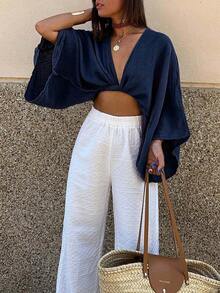 INAWLY Women's Textured Solid Color Front Knot Ruched Cropped Shirt For Vacation - Navy Blue - View 4
