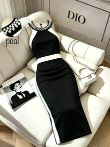 SHEIN Raffinéa Vestido de mujer con cuello halter, bloques de color y decoración de perlas falsas - Blanco y Negro - Ver 1