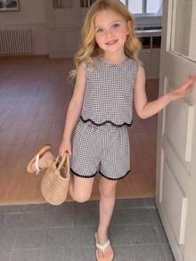 SHEIN Vintaside Kids 女童夏季黑白小格紋兩件套，流蘇蕾絲飾邊背心上衣 + 寬鬆短褲休閒套裝 - 彩色 - 查看 3