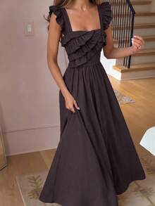 Selianne Women's Casual Ruffle Flutter Sleeve Waist-Cinching A-Line Dress, Spring/Summer Style, Suitable For Daily Wear And Vacation - Brown - View 5