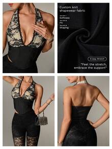 Nuvra Women's Black Floral Elegant Sexy Camisole With Lace Patchwork,V-Neck Waist Design,Tummy Control Shapewear,Perfect For Summer,Party Night Out Night - Black - View 8
