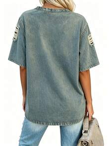 EMERY ROSE Women's Casual Distressed Round Neck Short Sleeve T-Shirt, Versatile For Daily Wear - Multicolor - View 2