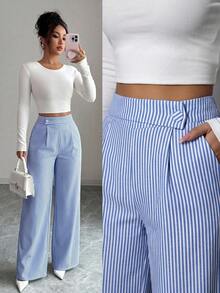 SHEIN Clasi Women's Plus Size Spring/Summer Single Style High Waist Button Front Pleated Vertical Striped Wide Leg Draped Commute Casual Pants Fall - Blue and White - View 4