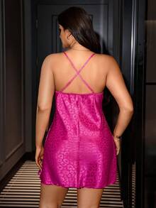 SilkySpell Plus Size Hot Girl Magenta Jacquard Leopard Print Lace Cami Sexy Nightgown Sleepwear - Rose Red - View 2