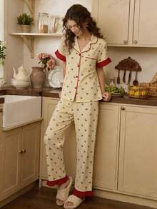 Tulorae Bubble Crinkle Striped Cherry Colorblock Ruffle Trim Open Front Short Sleeve Top And Pants Pajama Set - Yellow - View 4