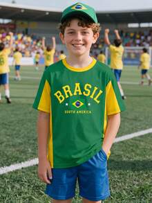 SHEIN [1件]青少年男孩 世界盃足球巴西風 黃綠配色 BRASIL 印花短袖T恤 休閒運動風 夏季/春秋款 - 彩色 - 查看 3
