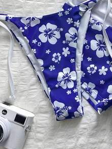 Swim Mod 女款 26SS 春夏新款雙色印花 V 領露背三角綁帶比基尼套裝，3 件式泳衣含三角上衣與比基尼泳褲，甜美海灘度假風 - 藍色 - 查看 6