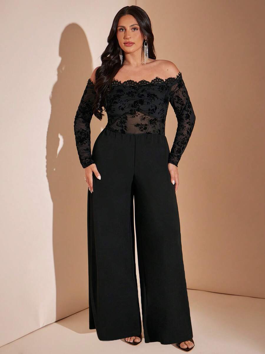SHEIN BAE CURVE 大尺碼女款黑色植絨對比蕾絲露肩長袖優雅性感連身褲，適合秋季雞尾酒會