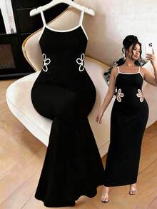 Elenzga Plus Size Elegant Fitted Color Block Dress - Black and White - View 1