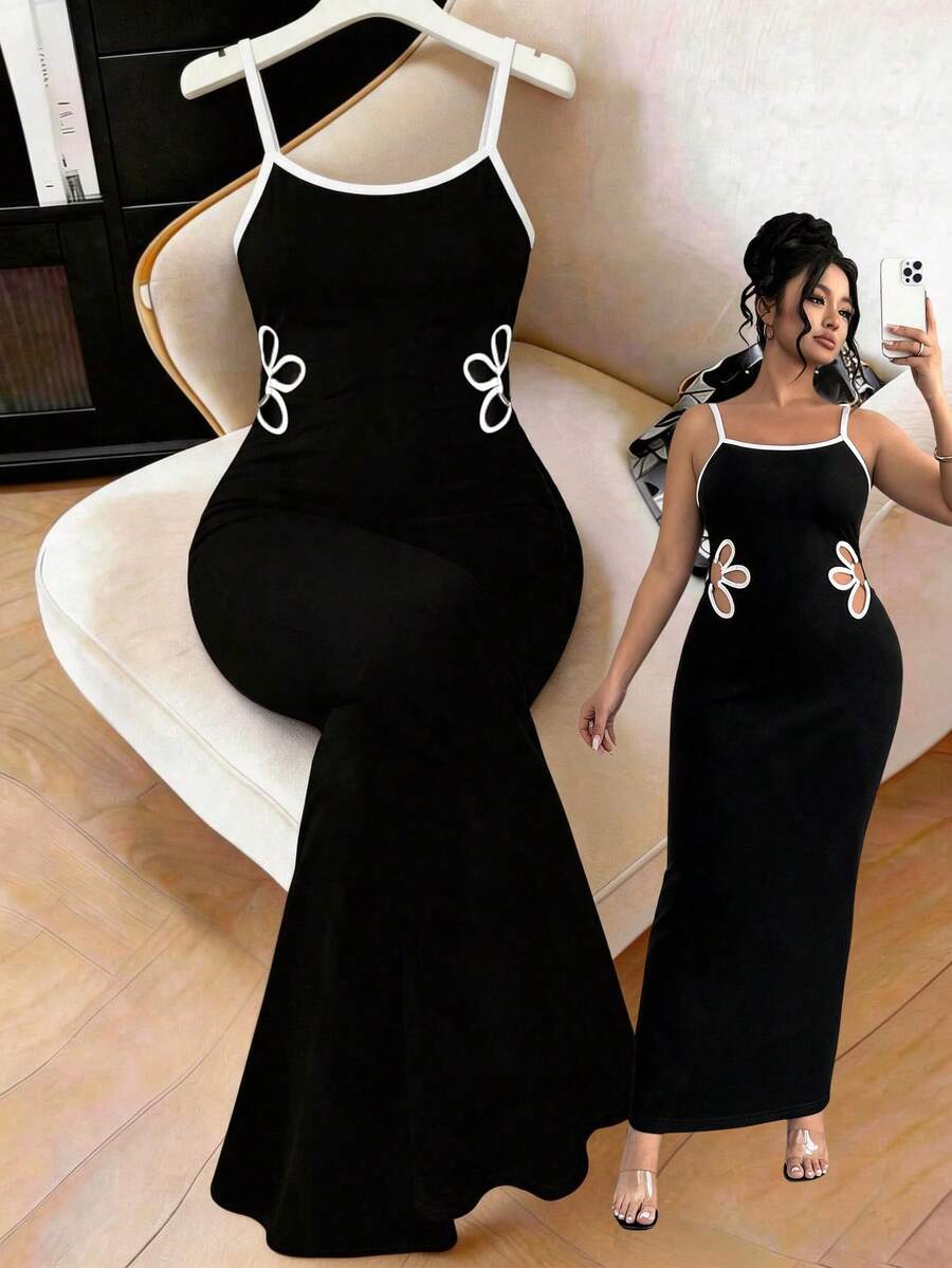 Elenzga Plus Size Elegant Fitted Color Block Dress - Black and White - View 1