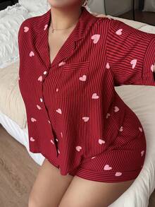 Napfluff CURVE Napfluff CURVE Set Piyama Ukuran Besar Lengan Pendek dengan Kerah Motif Hati Bergaris - Merah - View 6