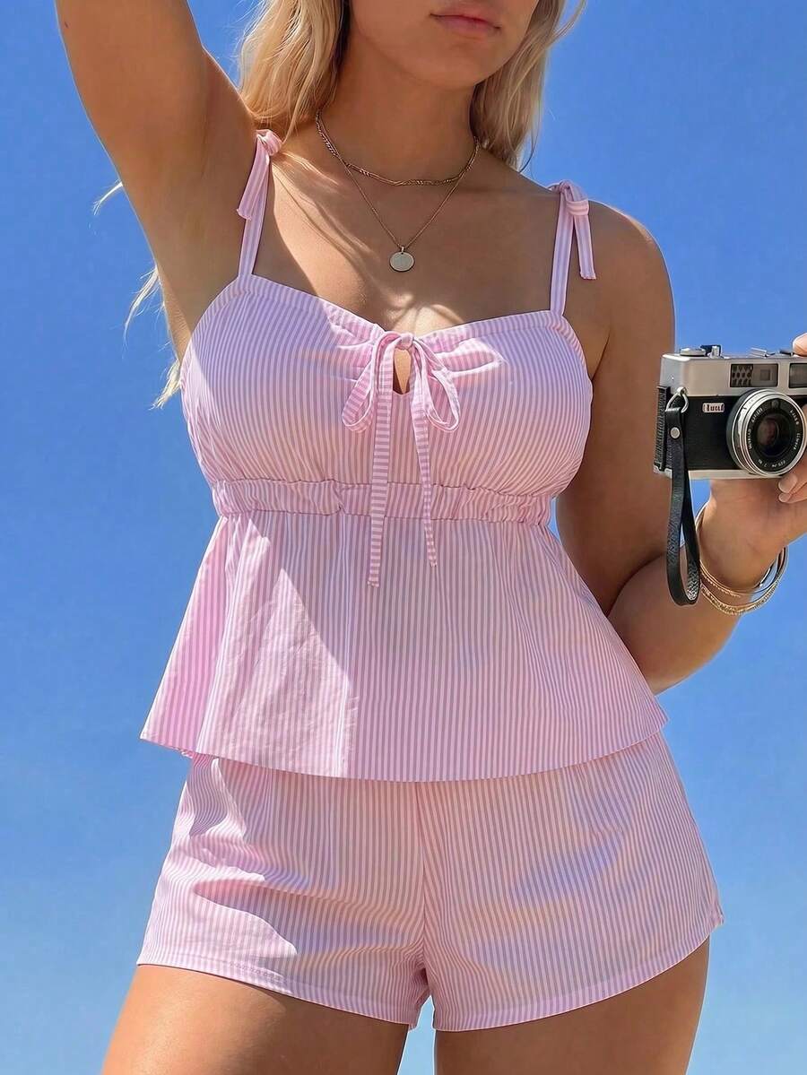 Swim Mod Plus Size Women 2 Pieces Striped Swimwear Beach Vacation Summer - Pink - View 1