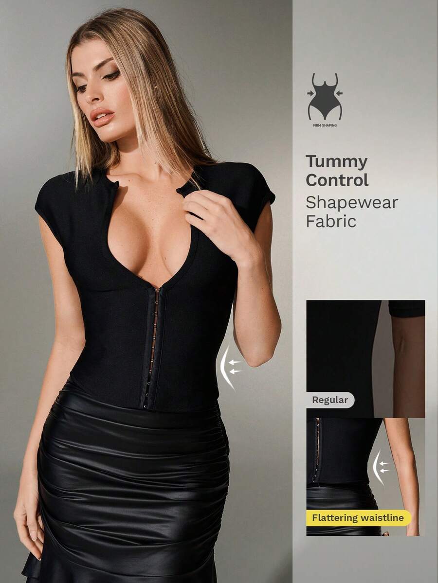 Nuvra Women's Casual U-Neck Front Button Short Sleeve Knit Belted Crop Top - Black - View 1