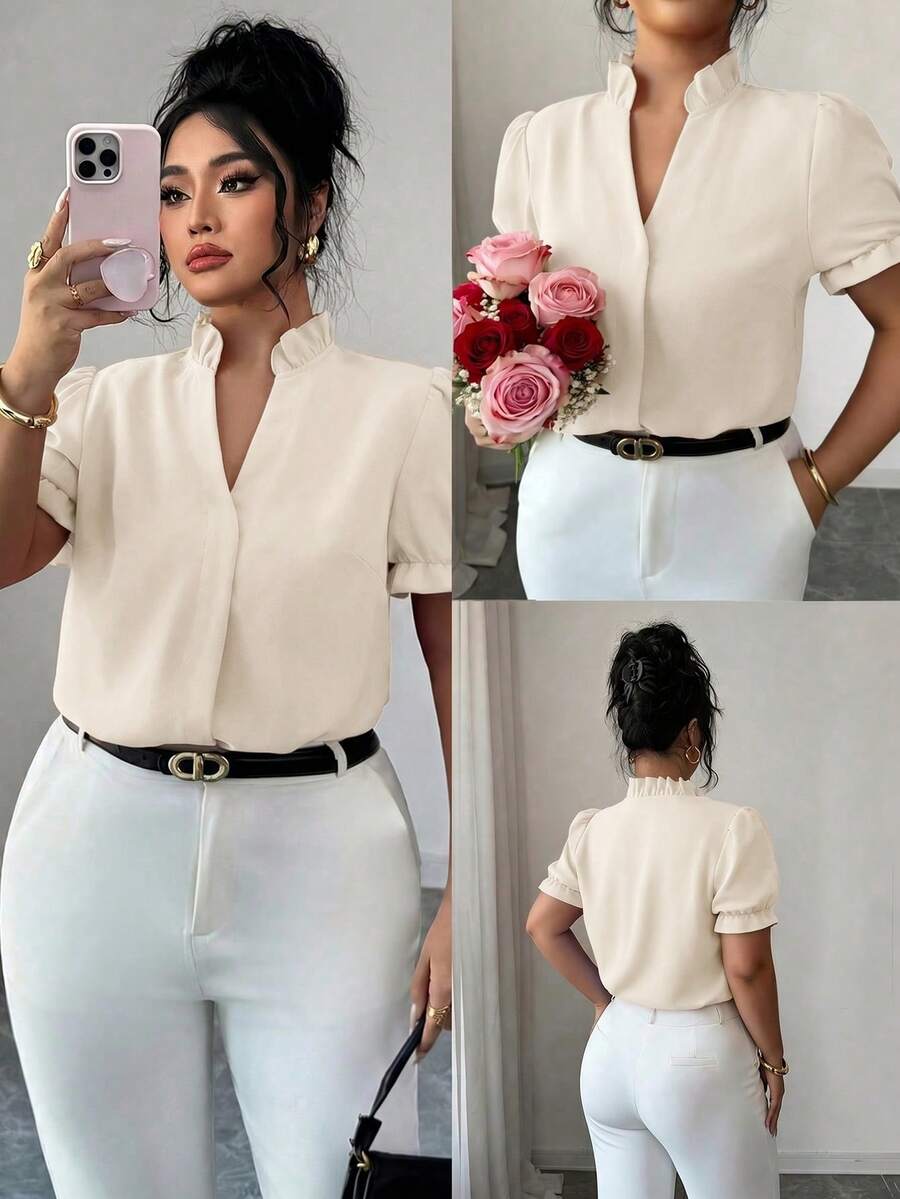 Elenzga Blusa elegante de talla grande para ir al trabajo de unicolor con cuello - Albaricoque - Ver 1