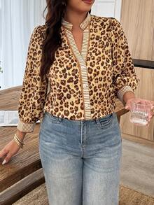 Weeklong Plus Size Women's All-Season Leopard Print Patchwork Striped Casual Elegant Commuter Office Formal Shirt Autumn Tan - Multicolor - View 6