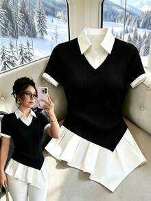 GlowEve CURVE 女款優雅法式風 Polo 領短袖不對稱下擺上衣，黑白拼接設計，時尚夏季度假休閒上衣 - 黑與白 - 查看 1