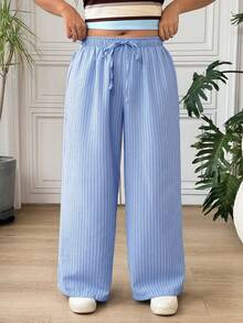 SHEIN EZwear 條紋休閒大尺碼女款長褲 - 藏蓝色 - 查看 6