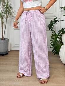 SHEIN EZwear Celana Panjang Wanita Ukuran Besar Motif Garis-Garis Patchwork Kasual Serbaguna untuk Aktivitas Sehari-hari - Berwarna merah muda - View 6