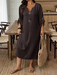 Weeklong Plus Size Women Solid Color Notch V-Neck Casual Party Dress - Coffee Brown - View 3